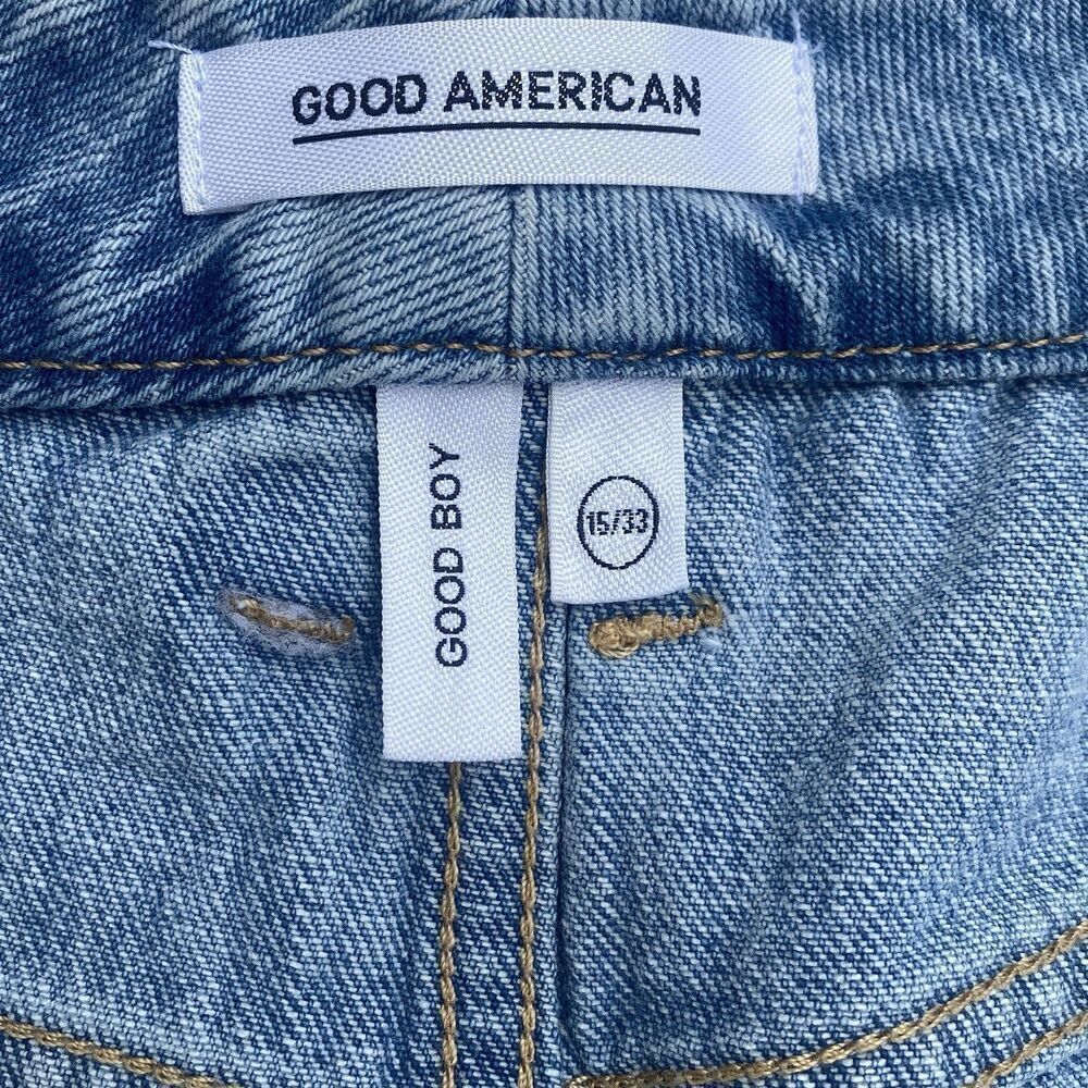 Good American Good Boy Raw Hem Crop Jeans Shadow Pockets Button Fly Size 33 - Picture 4 of 5